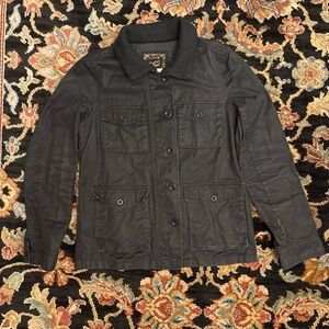 J. Crew Wax Cotton Black Zip and Button-Up Utility Jacket w/Pockets Knit Collar